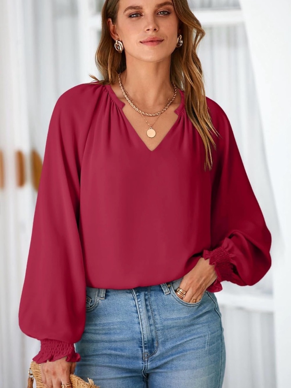 Women's V-Neck Long Sleeve Blouse in Berry